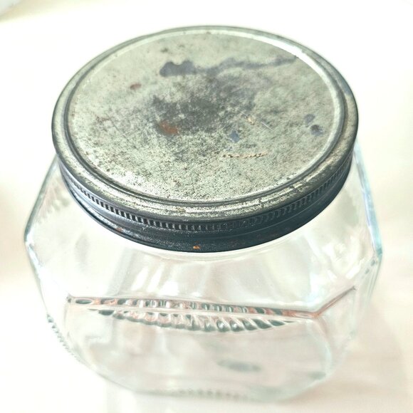 1900s Hoosier Art Deco Glass Jar Tin Lid gallon pantry storage square ribbed kit - Picture 3 of 10